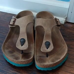 Birkenstock Gizeh 41 OiledLeather Tobacco Brown Teal Contrast Sole Thong Sandals